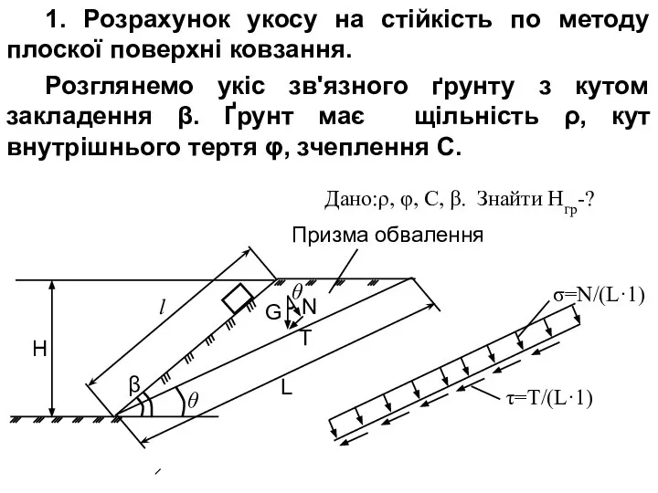 1. Розрахунок укосу на стійкість по методу плоскої поверхні ковзання. Розглянемо