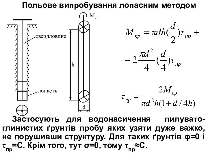 Польове випробування лопасним методом Застосують для водонасичення пилувато-глинистих ґрунтів пробу яких