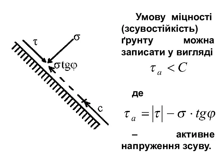 Умову міцності (зсувостійкість) ґрунту можна записати у вигляді де – активне напруження зсуву.