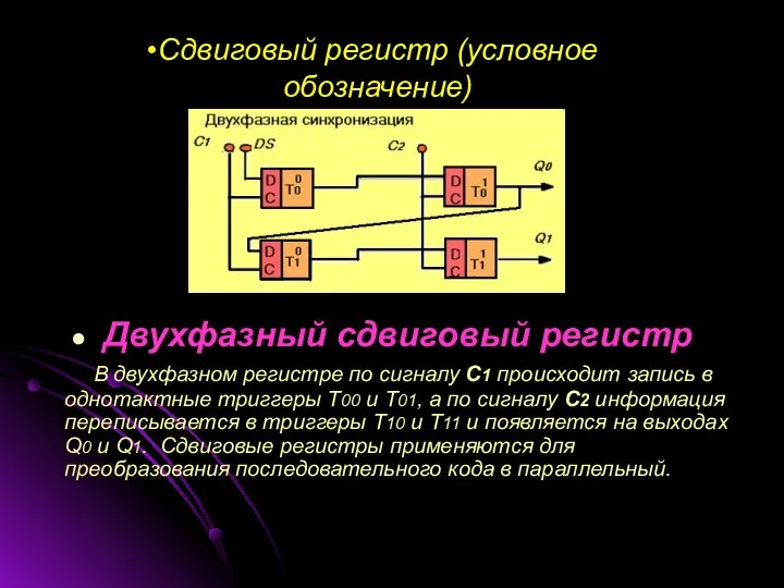 Сдвиговый регистр (условное обозначение) Двухфазный сдвиговый регистр В двухфазном регистре по