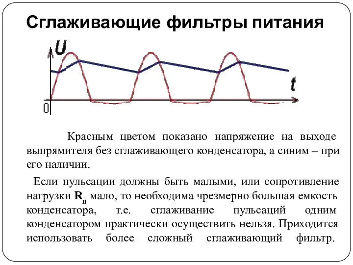 Сглаживающие фильтры питания Красным цветом показано напряжение на выходе выпрямителя без