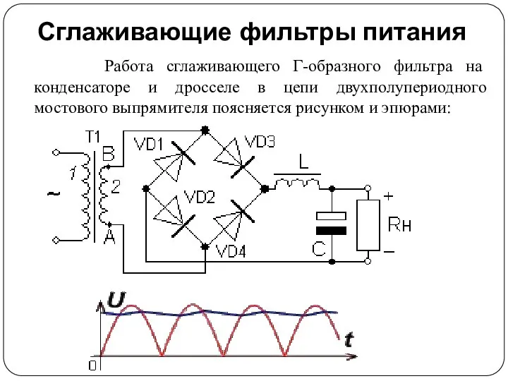 Сглаживающие фильтры питания Работа сглаживающего Г-образного фильтра на конденсаторе и дросселе