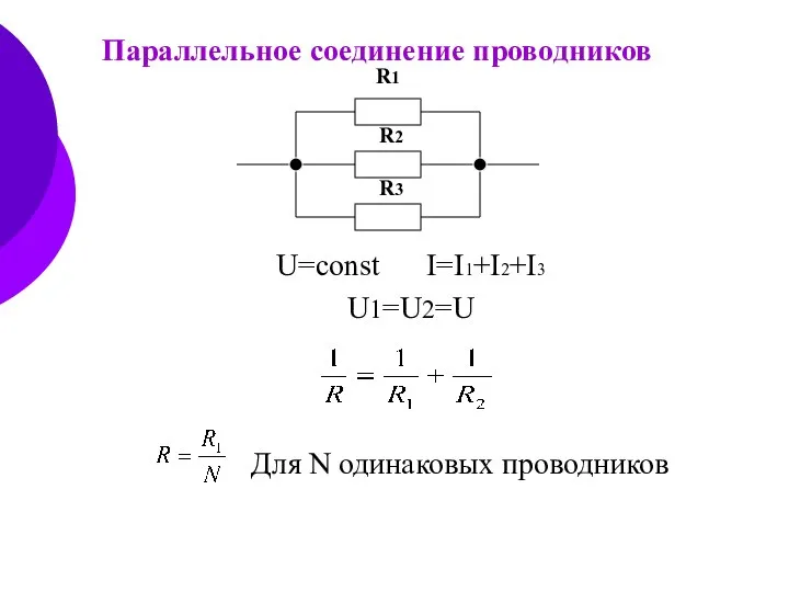 Параллельное соединение проводников U=const I=I1+I2+I3 U1=U2=U R1 R2 R3 Для N одинаковых проводников