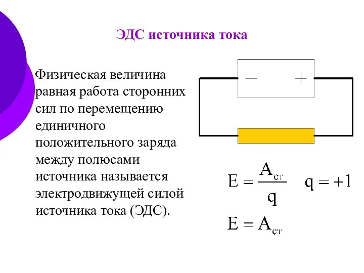 ЭДС источника тока Физическая величина равная работа сторонних сил по перемещению