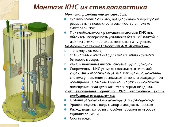 Монтаж КНС из стеклопластика Монтаж проходит таким способом: систему помешают в