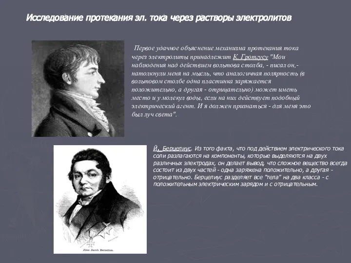 Исследование протекания эл. тока через растворы электролитов Первое удачное объяснение механизма