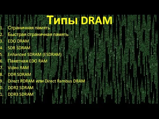 Типы DRAM Страничная память Быстрая страничная память EDO DRAM SDR SDRAM