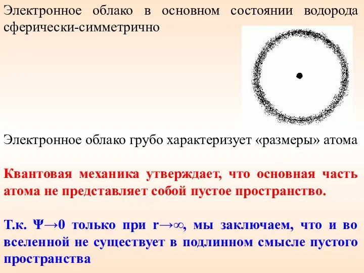 Электронное облако в основном состоянии водорода сферически-симметрично Электронное облако грубо характеризует