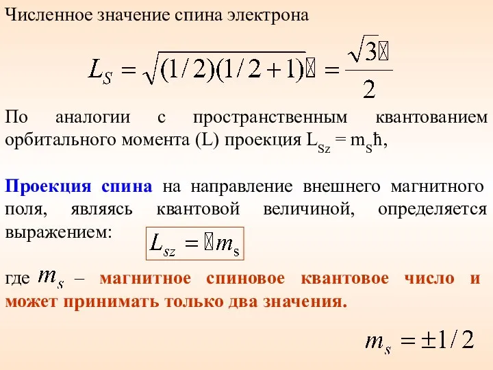 Численное значение спина электрона По аналогии с пространственным квантованием орбитального момента