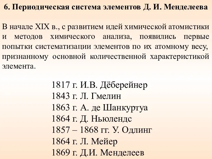 6. Периодическая система элементов Д. И. Менделеева В начале XIX в.,