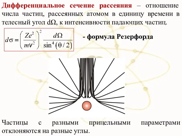 Дифференциальное сечение рассеяния – отношение числа частиц, рассеянных атомом в единицу