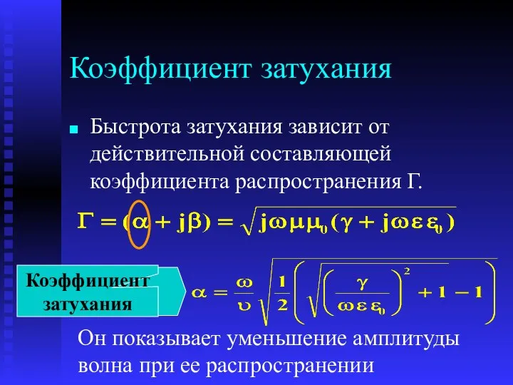 Коэффициент затухания Быстрота затухания зависит от действительной составляющей коэффициента распространения Г.