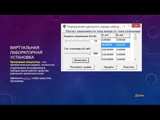 ВИРТУАЛЬНАЯ ЛАБОРАТОРНАЯ УСТАНОВКА Программа-симулятор – это математическая модель, полностью отражающая исследуемые