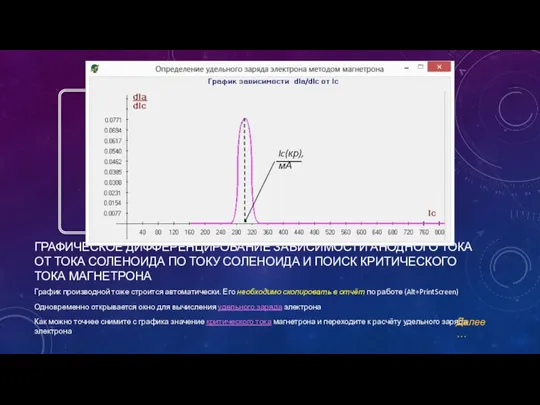 ГРАФИЧЕСКОЕ ДИФФЕРЕНЦИРОВАНИЕ ЗАВИСИМОСТИ АНОДНОГО ТОКА ОТ ТОКА СОЛЕНОИДА ПО ТОКУ СОЛЕНОИДА