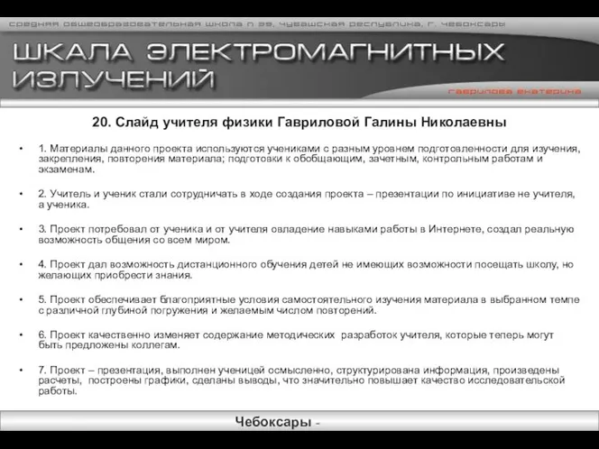 20. Слайд учителя физики Гавриловой Галины Николаевны 1. Материалы данного проекта