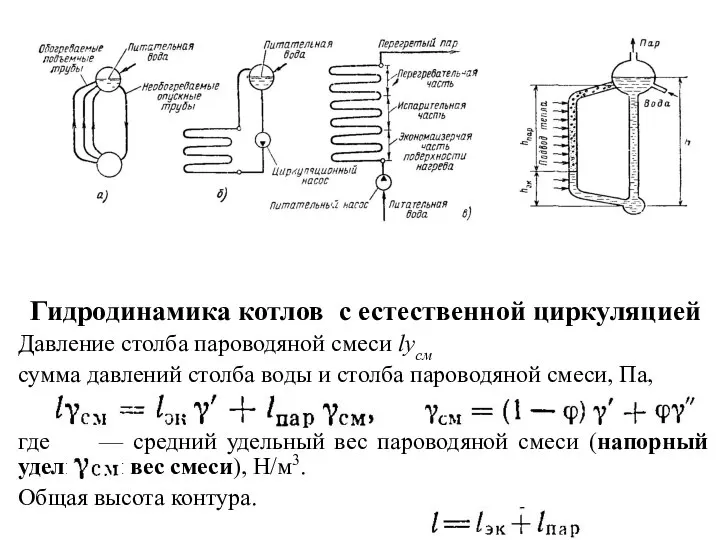 Гидродинамика котлов с естественной циркуляцией Давление столба пароводяной смеси lусм сумма