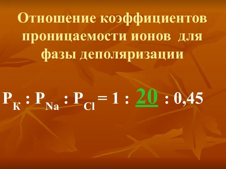 Отношение коэффициентов проницаемости ионов для фазы деполяризации PК : РNa :