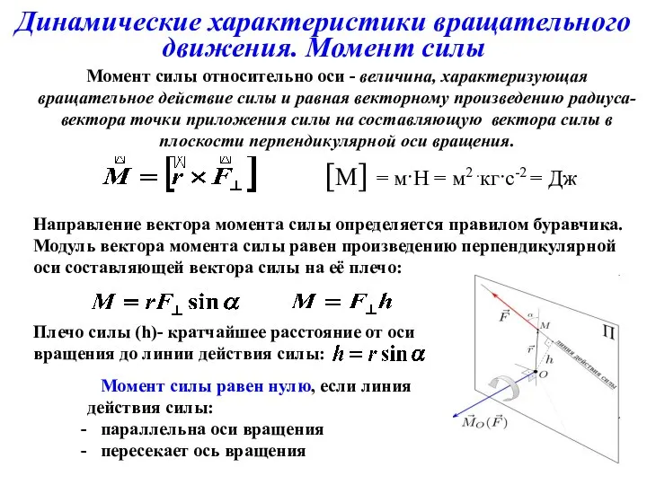 Плечо силы (h)- кратчайшее расстояние от оси вращения до линии действия