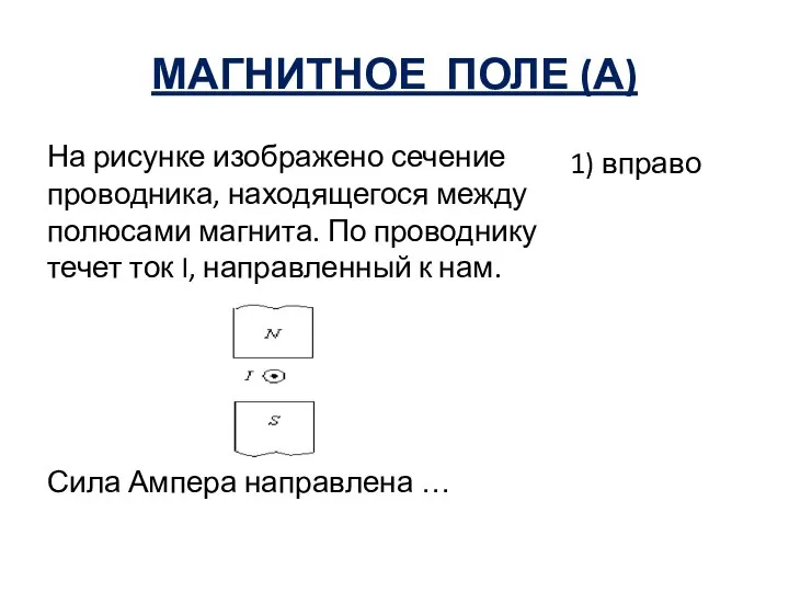 МАГНИТНОЕ ПОЛЕ (А) На рисунке изображено сечение проводника, находящегося между полюсами