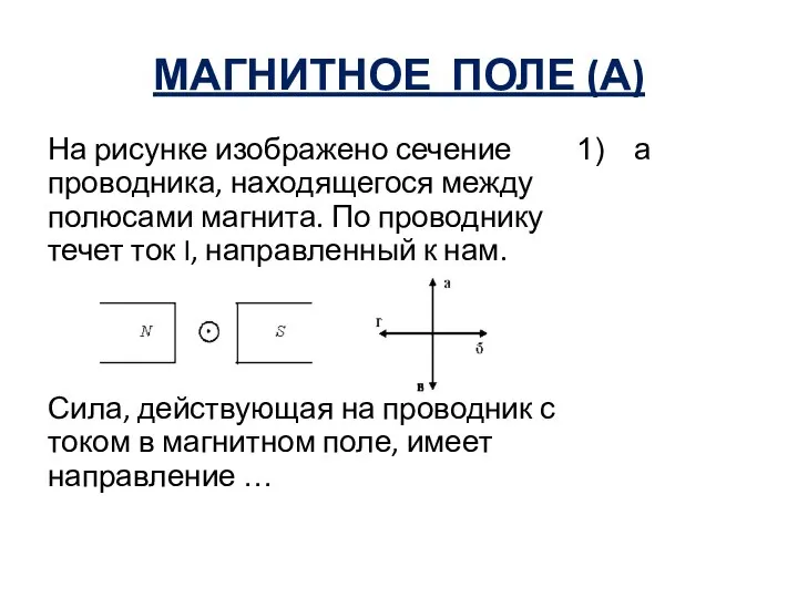 МАГНИТНОЕ ПОЛЕ (А) На рисунке изображено сечение проводника, находящегося между полюсами