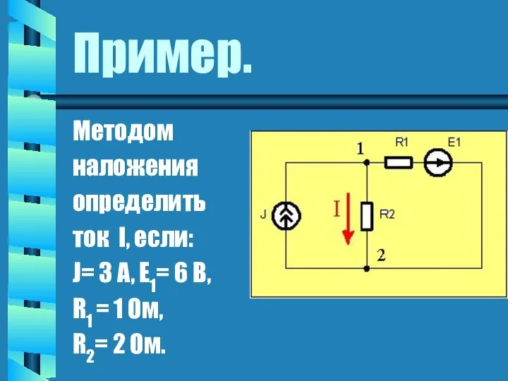 Пример. Методом наложения определить ток I, если: J= 3 A, E1=