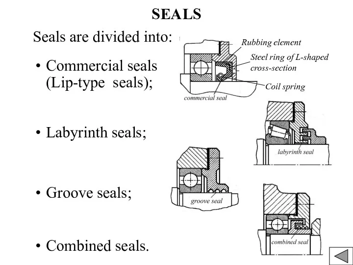 SEALS Seals are divided into: Commercial seals (Lip-type seals); Labyrinth seals;