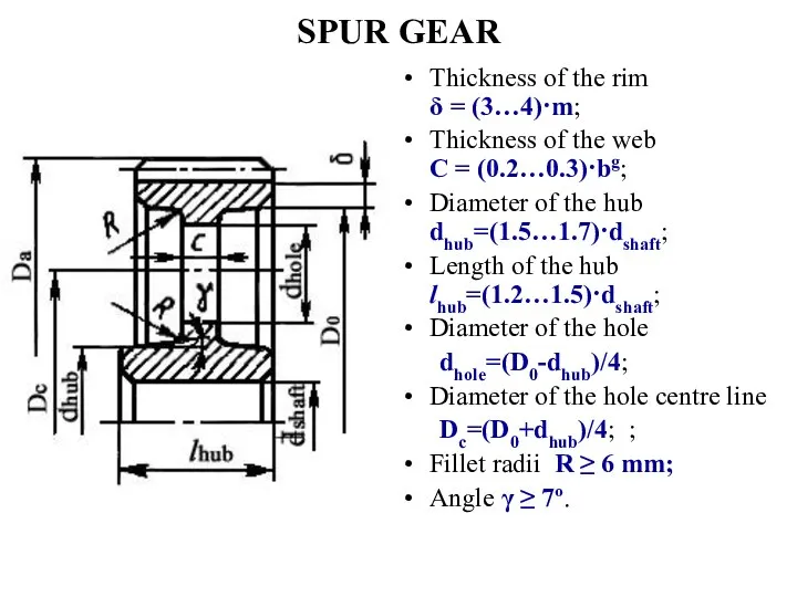 SPUR GEAR Thickness of the rim δ = (3…4)·m; Thickness of