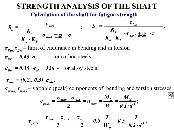 STRENGTH ANALYSIS OF THE SHAFT Calculation of the shaft for fatigue