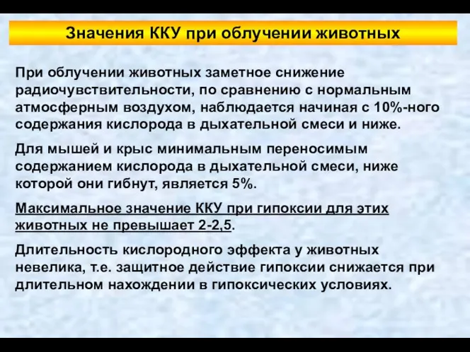 При облучении животных заметное снижение радиочувствительности, по сравнению с нормальным атмосферным