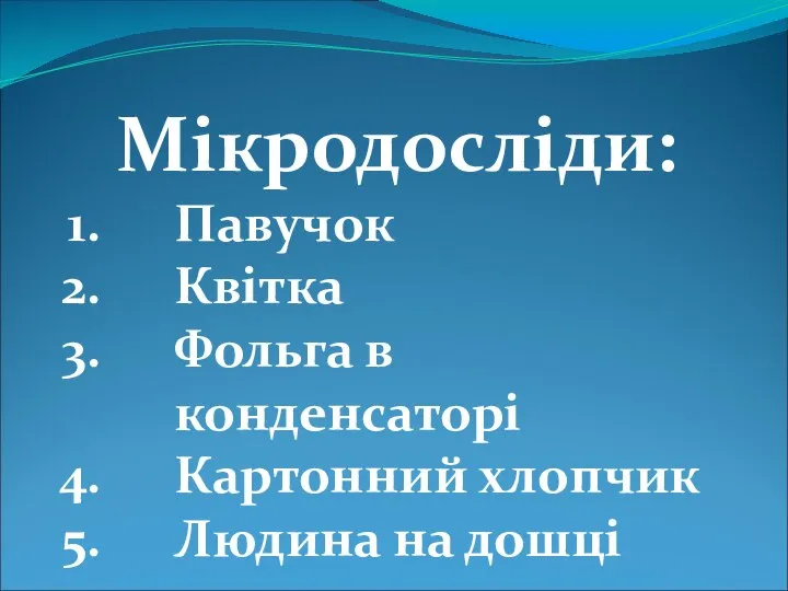 Мікродосліди: Павучок Квітка Фольга в конденсаторі Картонний хлопчик Людина на дошці