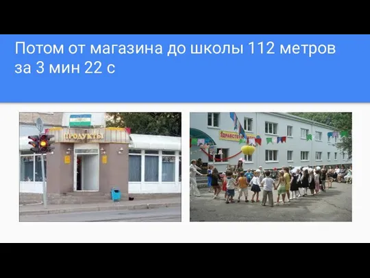 Потом от магазина до школы 112 метров за 3 мин 22 с