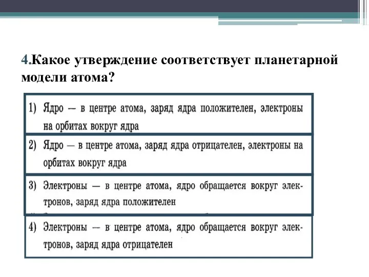 4.Какое утверждение соответствует планетарной модели атома?