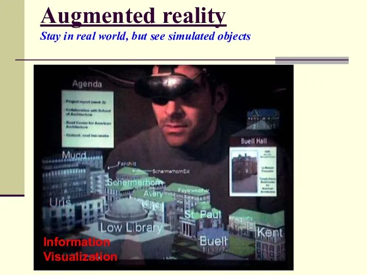 Augmented reality Stay in real world, but see simulated objects Information Visualization