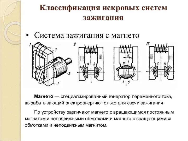 Классификация искровых систем зажигания Система зажигания с магнето Магнето — специализированный