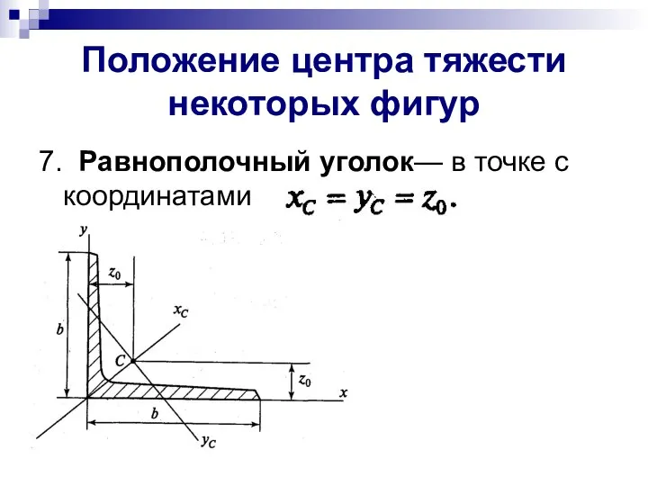 Положение центра тяжести некоторых фигур 7. Равнополочный уголок— в точке с координатами