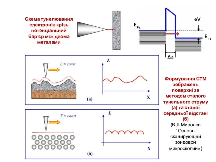 Схема тунелювання електронів крізь потенціальний бар`єр між двома металами Формування СТМ