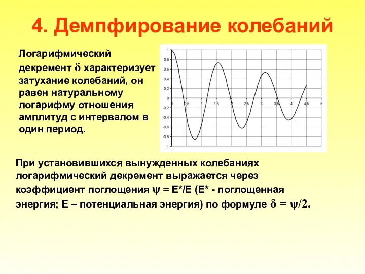 4. Демпфирование колебаний Логарифмический декремент δ характеризует затухание колебаний, он равен