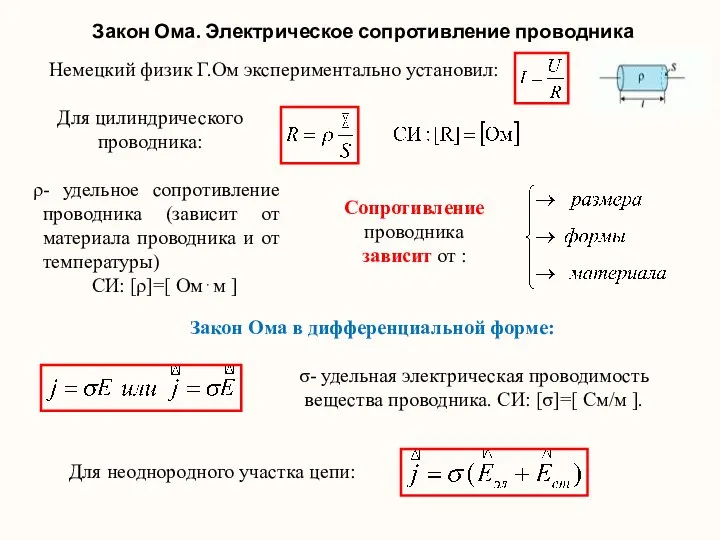 Закон Ома. Электрическое сопротивление проводника Для цилиндрического проводника: Немецкий физик Г.Ом