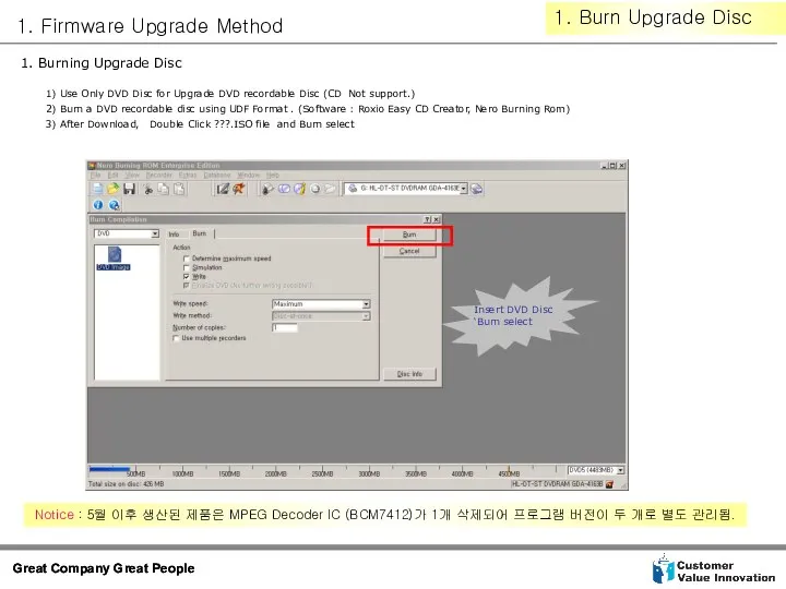 1. Burning Upgrade Disc 1) Use Only DVD Disc for Upgrade