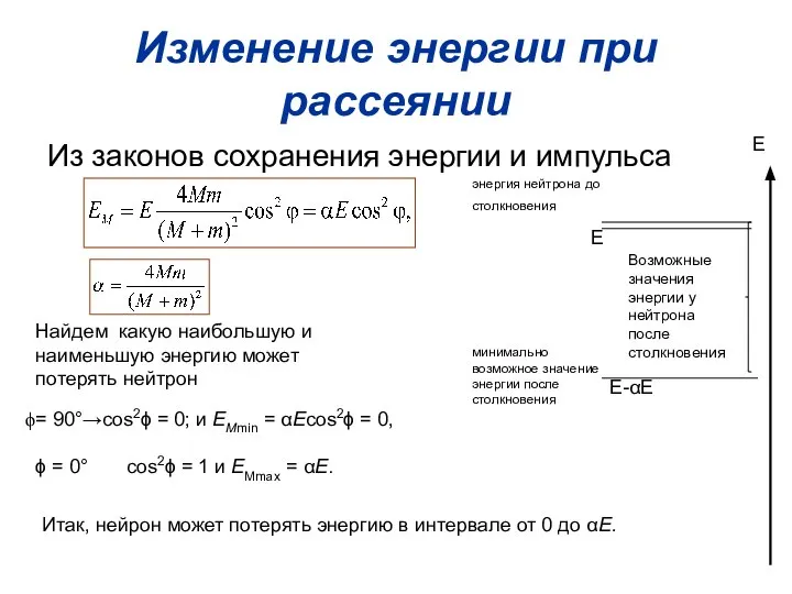 Изменение энергии при рассеянии Из законов сохранения энергии и импульса =