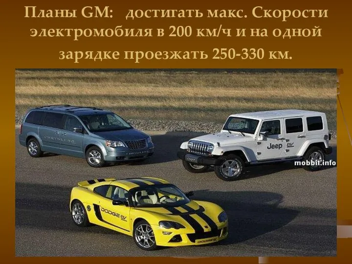 Планы GM: достигать макс. Скорости электромобиля в 200 км/ч и на одной зарядке проезжать 250-330 км.