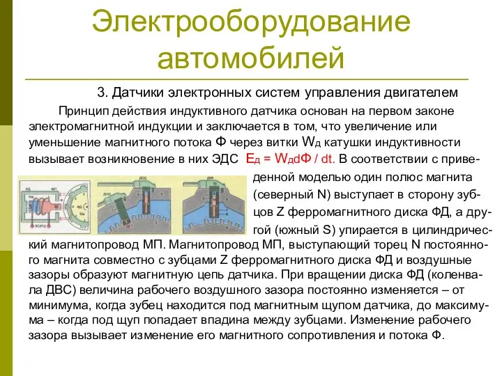 Электрооборудование автомобилей 3. Датчики электронных систем управления двигателем Принцип действия индуктивного