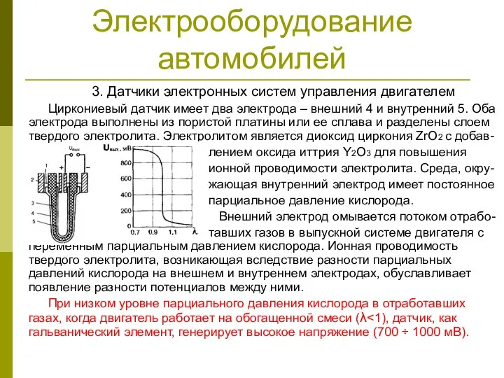 Электрооборудование автомобилей 3. Датчики электронных систем управления двигателем Циркониевый датчик имеет