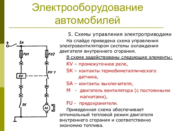 Электрооборудование автомобилей 5. Схемы управления электроприводами На слайде приведена схема управления