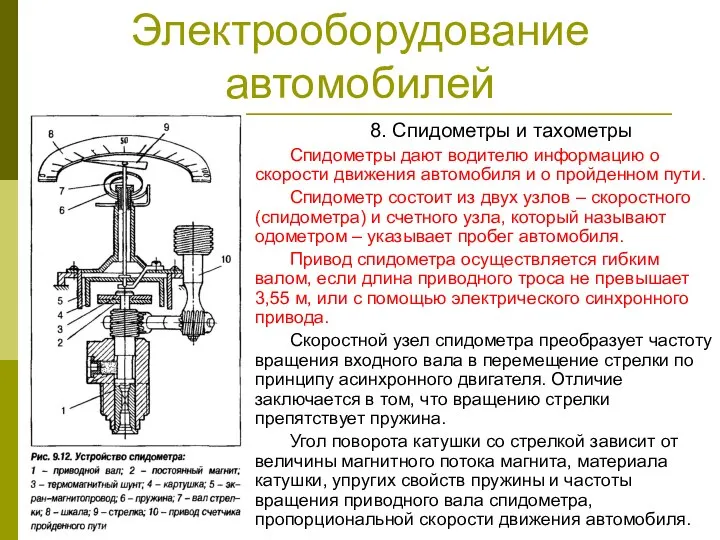 Электрооборудование автомобилей 8. Спидометры и тахометры Спидометры дают водителю информацию о