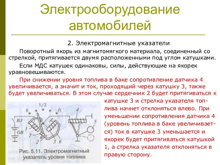 Электрооборудование автомобилей 2. Электромагнитные указатели Поворотный якорь из магнитомягкого материала, соединенный