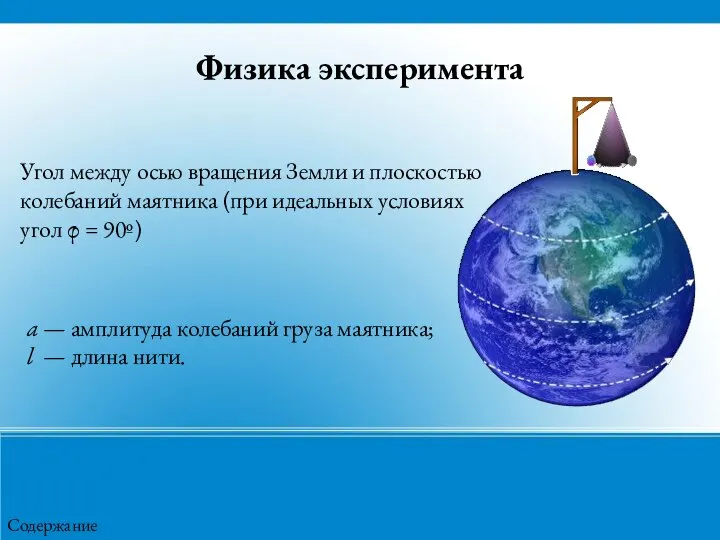 Физика эксперимента Угол между осью вращения Земли и плоскостью колебаний маятника