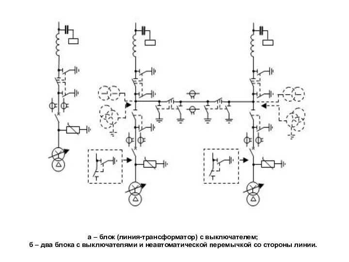 а – блок (линия-трансформатор) с выключателем; б – два блока с