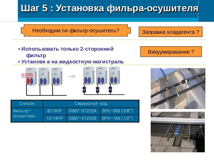 Шаг 5 : Установка фильра-осушителя Вакуумирование ? Необходим ли фильтр-осушитель? Заправка