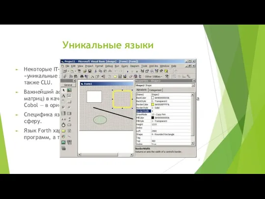 Некоторые IT-эксперты выделяют в самостоятельную категорию «уникальные языки». В числе таковых: